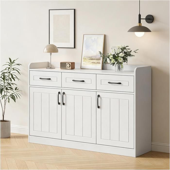 Buffet Enfilade 120x35x80 cm 3 Portes 3 Tiroirs Bahut Commode Étagères Réglables Façades Striées Rangement Salon Entrée - Blanc