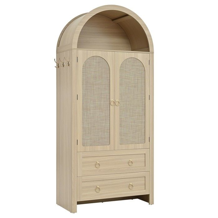 Buffet Bahut Osier Aspect Chêne 80x40x180cm Style Voûté Double Tiroir Meuble Rangement Vintage Salon Chambre Buffet Bahut Osier Aspect Chêne 80x40x180cm Style Voûté Double Tiroir Meuble Rangement Vintage Salon Chambre
