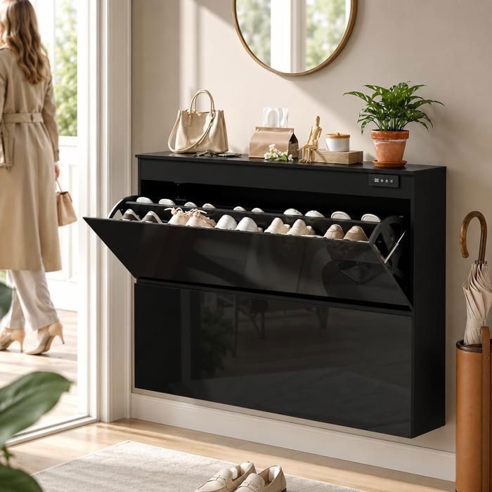 Meuble à Chaussure Désodorisant Intelligent à OzoneAnti-Poussière Antibactérienne116x51x18cmAvec Modes Cycliques Réglables Noir