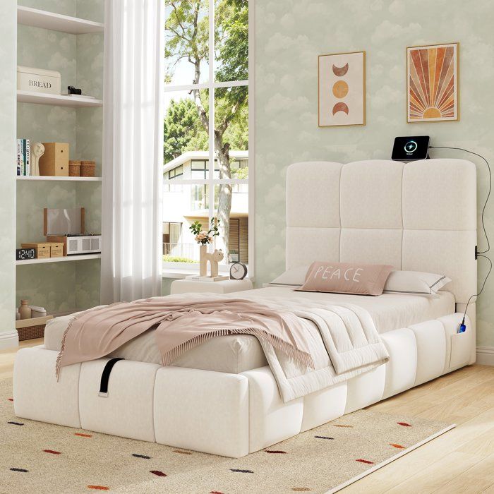 Lit Coffre Enfant 90x200 cm Lit Simple Rembourré avec Rangement Hydraulique USB et USB-C et Sommier à Lattes - Velours - Beige
