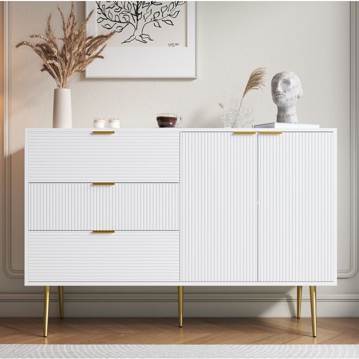 Buffet Bas 3 Tiroirs 2 Portes avec Étagères Intérieures - ELVMI - MDF Blanc et Or pour Salon 120×38×805 cm