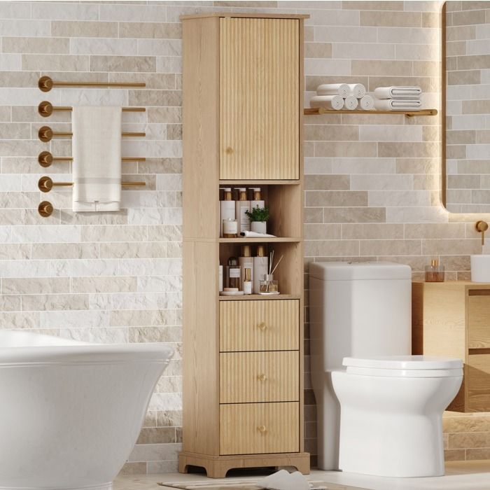 Armoire de Salle de Bain 1 Porte 3 Tiroirs et 2 Niches Étagère Réglable - YEAVIO - MDF PVC Bois Naturel 40×30×172 cm