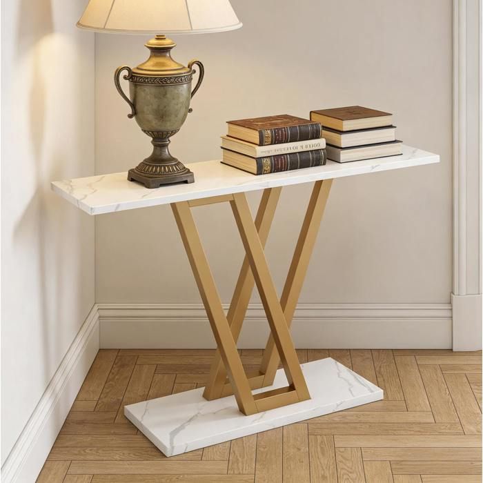 Table Console Étroite Blanc Et Or Console Dentrée Moderne FloraGrace Pour Entrée Ou Salon Format Gain De Place 110x30x80cm