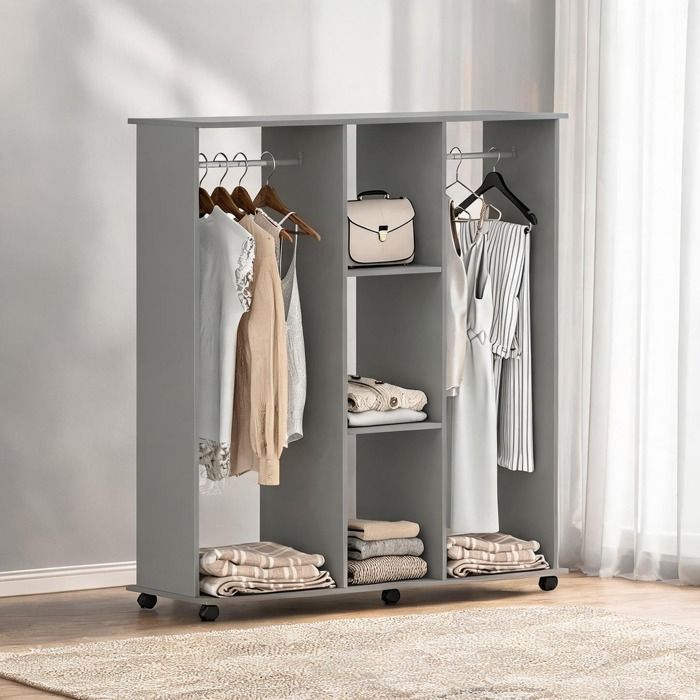 Armoire penderie mobile grise 120 x 40 x 128 cm double barre en aluminium 3 étagères 6 roulettes