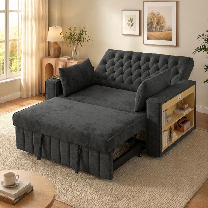VUENOR canape-lit 2 places 140x137x84 cm gris - USB et rangement 2 coussins
