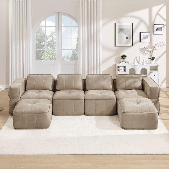 Canape modulable en U 4 places avec 2 poufs tissu polyester sable mousse haute densite 32D sans montage