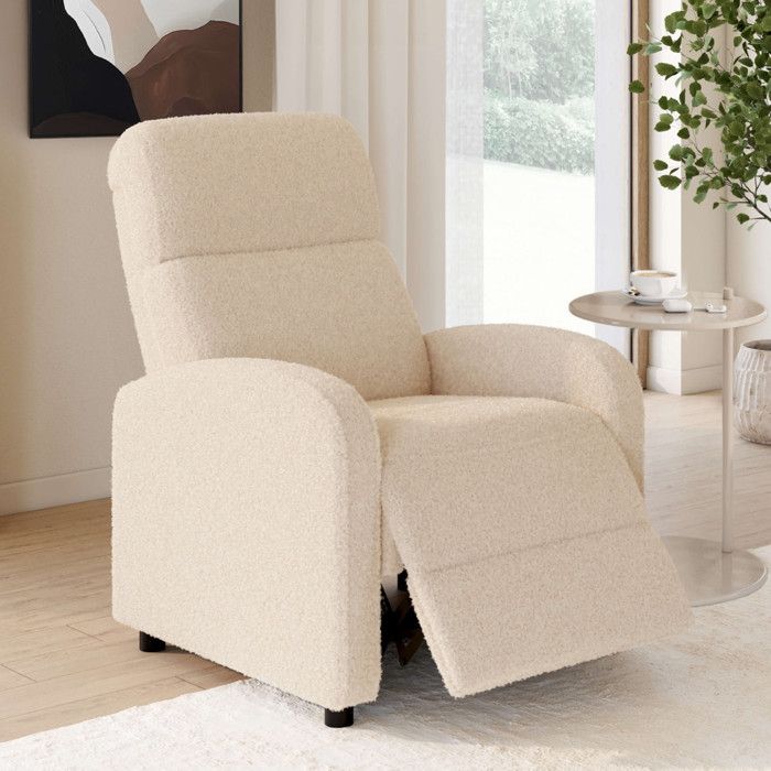 Fauteuil relax CALEB en tissu bouclette beige avec dossier inclinable et repose pieds Fauteuil relax CALEB en tissu bouclette beige avec dossier inclinable et repose pieds