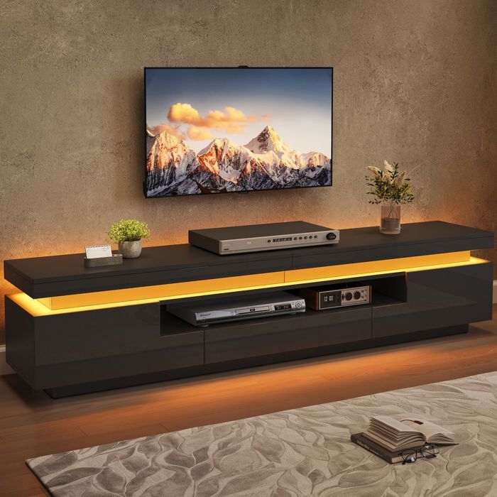 Meuble TV - SOGEU - 175 x 38 x 45 cm - Haute brillance - Bande LED pilotable - 2 meubles en L 1 tiroir