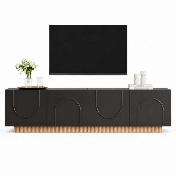 LEMLIT Meuble TV de Salon 170 x 38 x 42 cm Armoire TV avec 4 Portes Cintrées Meuble de rangement Meuble TV Bas Noir