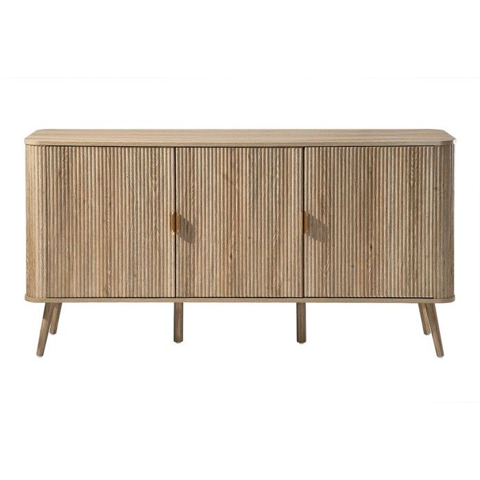 CALICOSY - Buffet 3 portes arrondi avec façades lames effet chêne L150 cm - MAHO - Bois clair