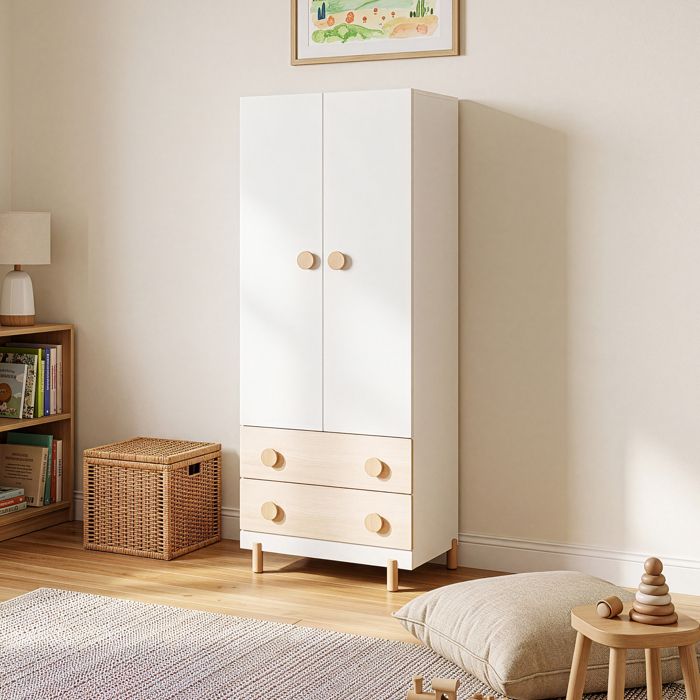 Armoire enfant Vaarentaa 2 portes 2 tiroirs 156 x 60 x 41 cm effet chêne