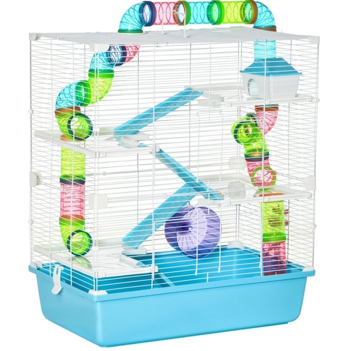 Cage pour petits animaux – 5 niveaux – roue d’exercice rampe biberon gamelle – bleu clair – 59 x 36 x 69 cm