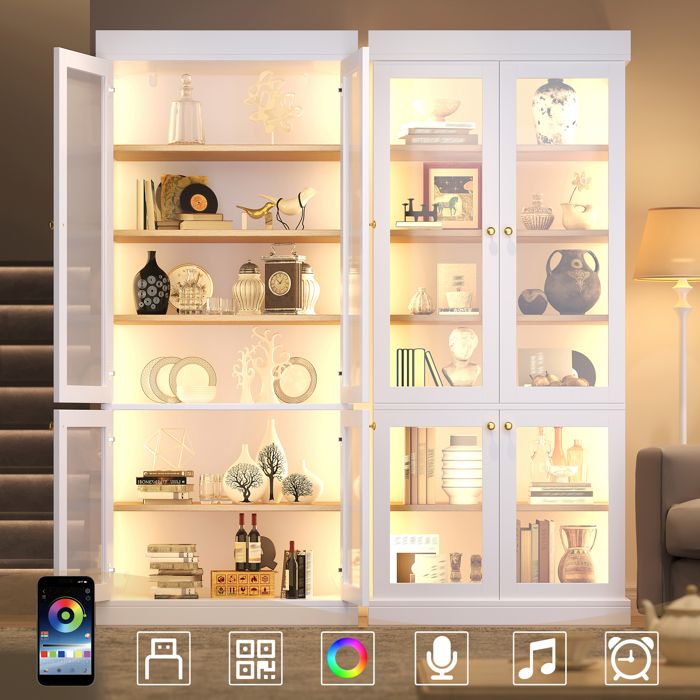 Armoire haute - 160 x 40 x 180 cm - Blanc - MDF et verre - Éclairage LED multicolore