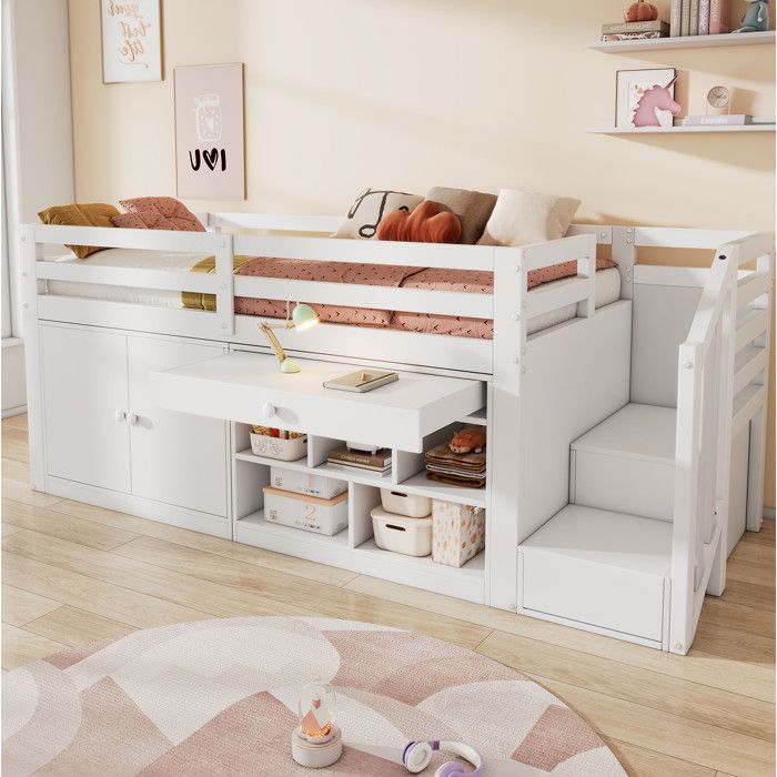 Lit combiné enfant 90x200 avec rangements escalier réversible tiroir bureau sommier inclus blanc bois MDF FOLYNA