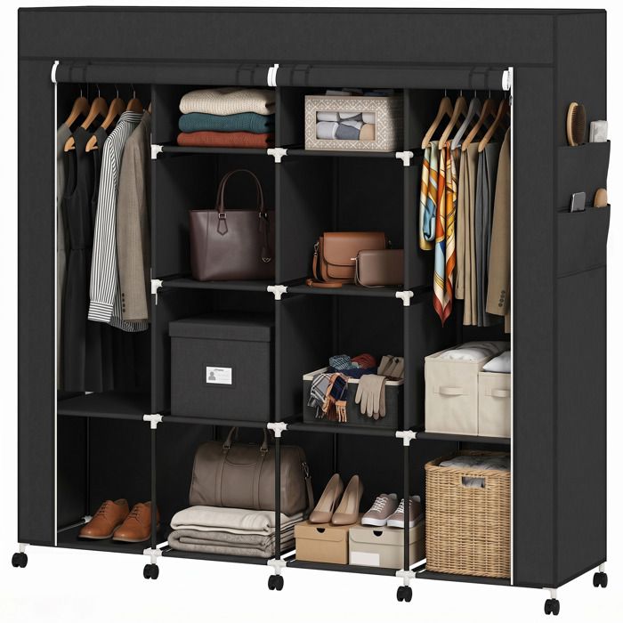 Armoire penderie en tissu - HOMCOM - sur roulettes - 10 compartiments - structure en acier - 166x42.5x167cm - noirfoncé Armoire penderie en tissu - HOMCOM - sur roulettes - 10 compartiments - structure en acier - 166x42.5x167cm - noirfoncé