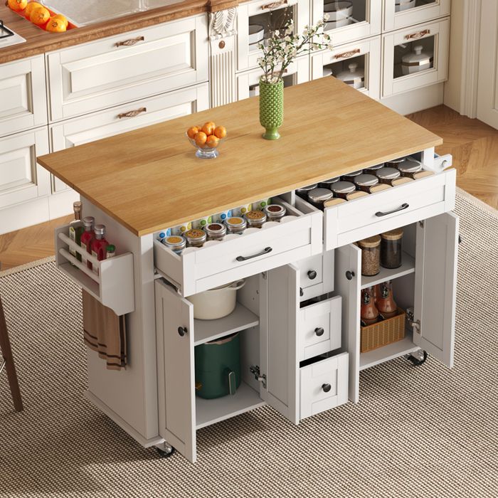Îlot de cuisine mobile 140x40-65x89 cm avec plateau rabattable 5 tiroirs placards porte-épices porte-serviette roulettes blanc
