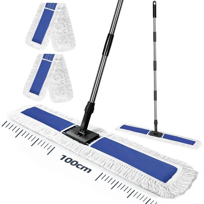 Balai Serpillère 100cm Tête 360° pour Grandes Surfaces Bleu Balai Serpillère Professionnelle avec Manche INOX 163cm Réglable et 2