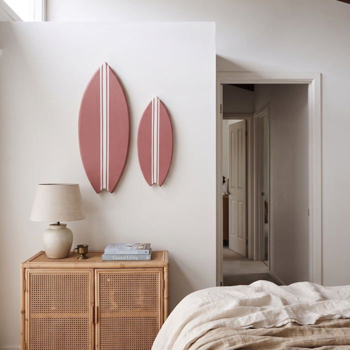 Planche de surf décorative murale base rose lignes blanches - Duo Taille M + Taille L - Wooderna