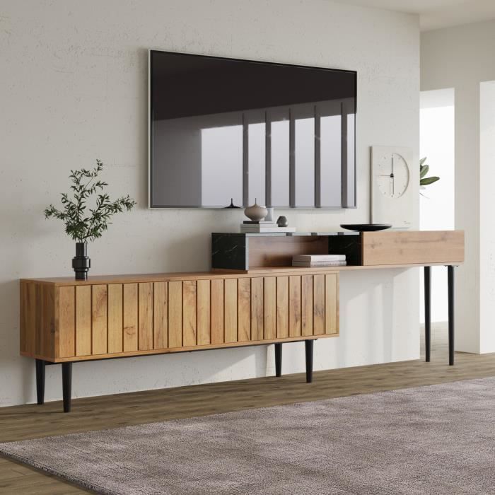 meuble tv lbf - marbrure + aspect bois - 2 portes 1 étagère - bois et noir - l 129 - 200 cm - banc tv