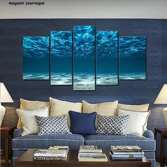 Mur Art Peinture Bleu Mer Fond Photo 5 Panneau Toile Photo Pour La Maison Sans Cadre Achat Vente Tableau Toile Cdiscount