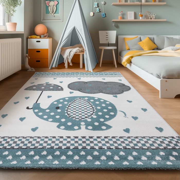 Tapis D Enfant Elephant Nuage Motif Modele Chambre De Bebe Rectangle Rond Gris Bleu 1x170 Cm Cdiscount Maison