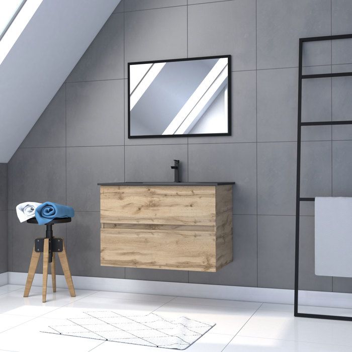 Meuble de salle de bain suspendu 80x54cm - Finition chêne naturel, vasque noire et miroir rectangle - TIMBER 80
