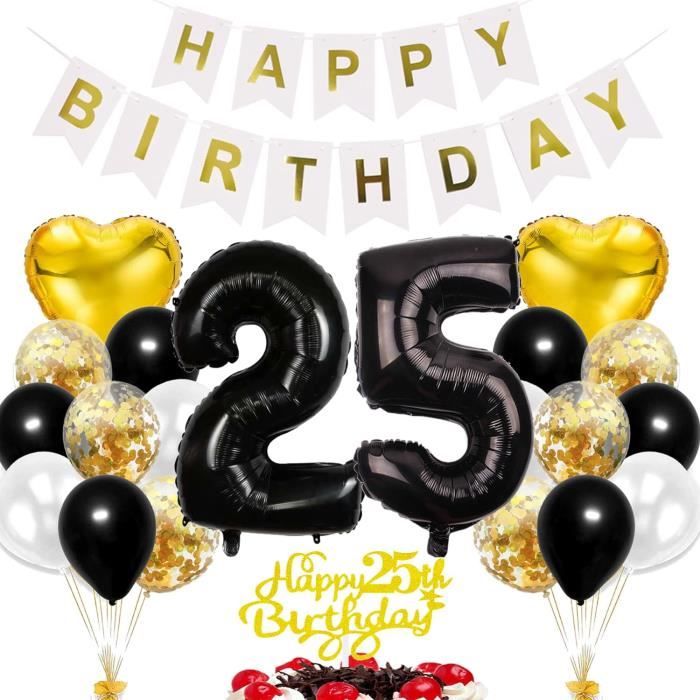 Décoration D'Anniversaire 25 Ans, Pour Femme, Ballon Noir Et Doré
