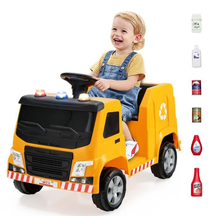 DREAMADE Voiture Poubelle Électrique 12V Enfant, Camion de Tri des Ordures avec Télécommande Lumière&Son, Cadeau Noel 3-8Ans, Jaune