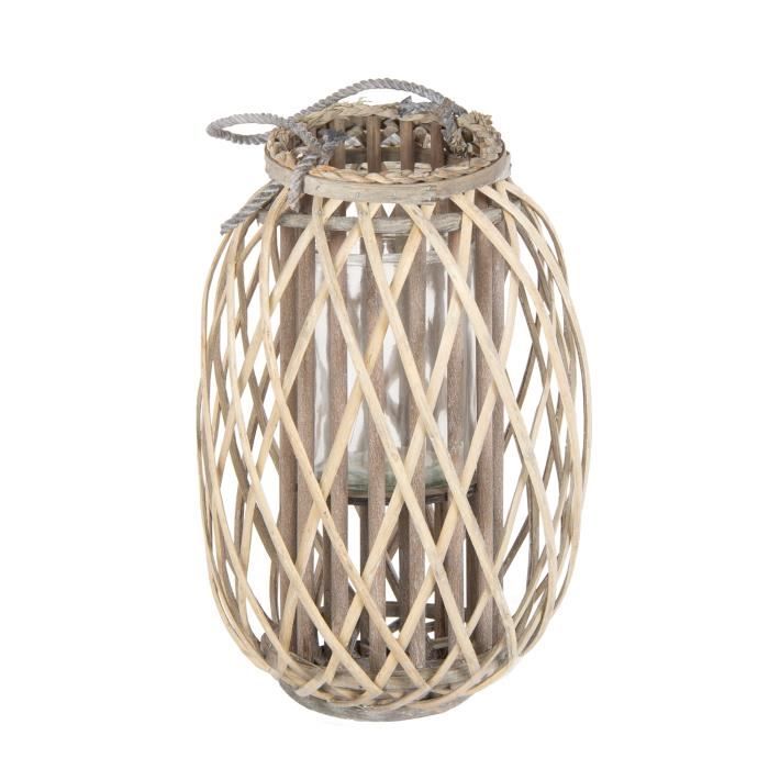 lanterne en roseau ecd germany - 40 x ø26 cm - poignée bois naturel - gris/marron - ambiance agréable