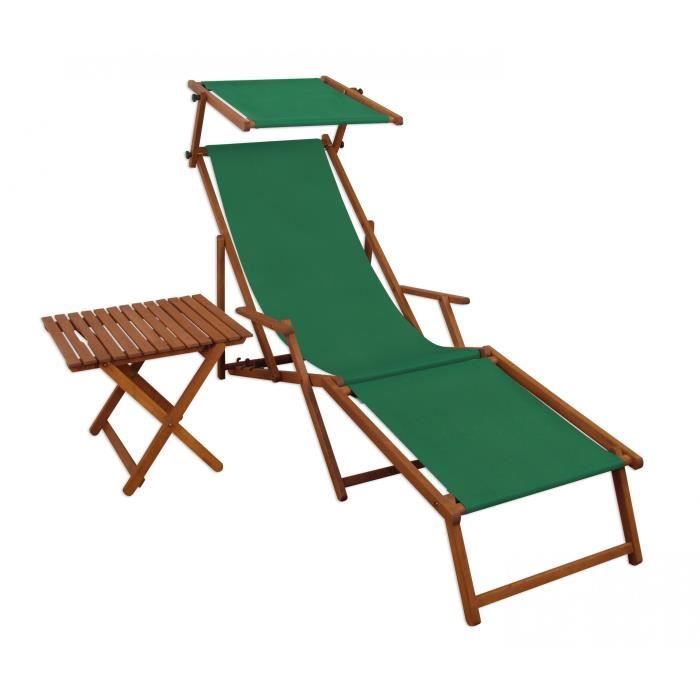 Chaise longue de jardin verte pliante avec repose-pied pare-soleil et petit table 10-304FST Chaise longue de jardin verte pliante avec repose-pied pare-soleil et petit table 10-304FST