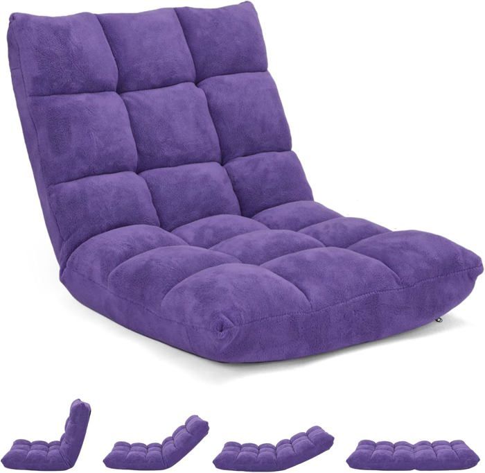 GOPLUS Chaise de Sol Pliante 105 x 56 x 15CM Fauteuil Convertible Réglable à 14 Niveaux Fauteuil Paresseux avec Velours Violet