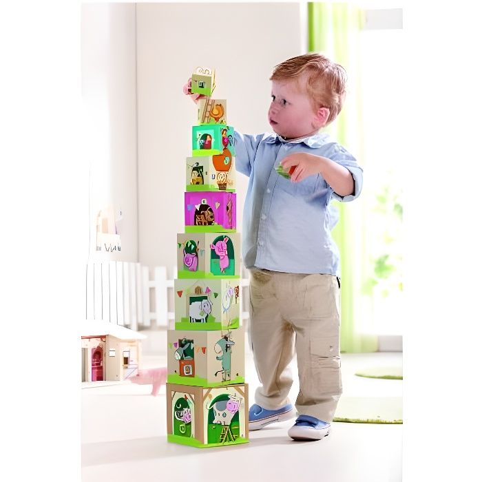 jouet à empiler en bois - haba - cubes à la campagne - pour enfants de 12 mois à 4 ans - vert
