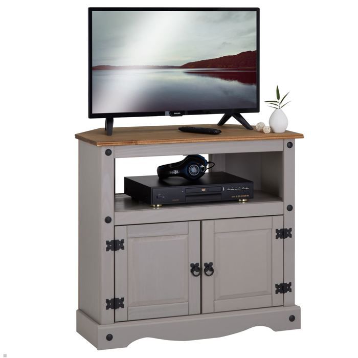 Meuble TV RAMON avec 2 portes, style mexicain en pin massif gris et brun
