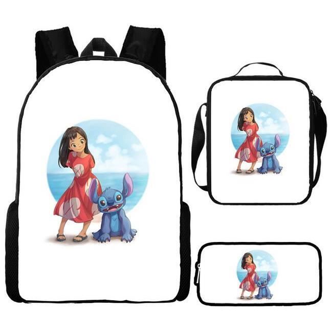 TOYBAGS Sac à Dos Scolaire Stitch Tropical - Double Compartiment - Avec Accessoire Pom-Pom - Adaptable + Chariot Rose Protection Latérale Et Stopper Avant Anti-Chute 4 Roues Pivotantes - 44 X 30 X 20