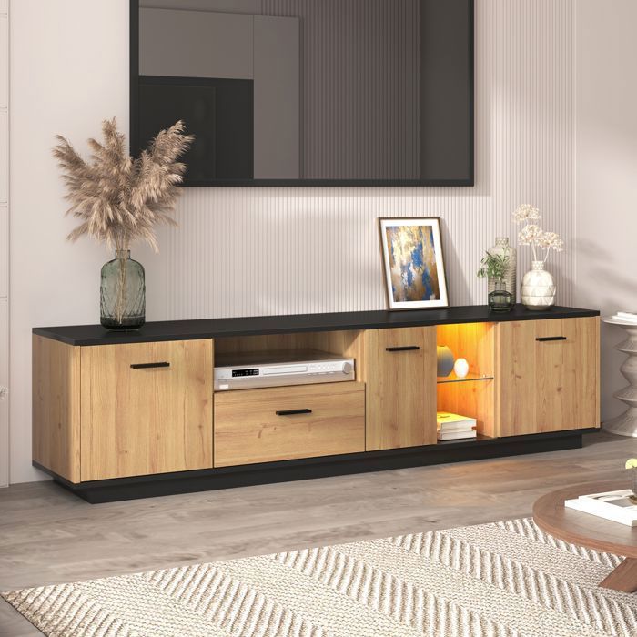 Meuble TV LED de style moderne avec un tiroire trois portes deux séparateurs 180 x 40 x 45cm noir