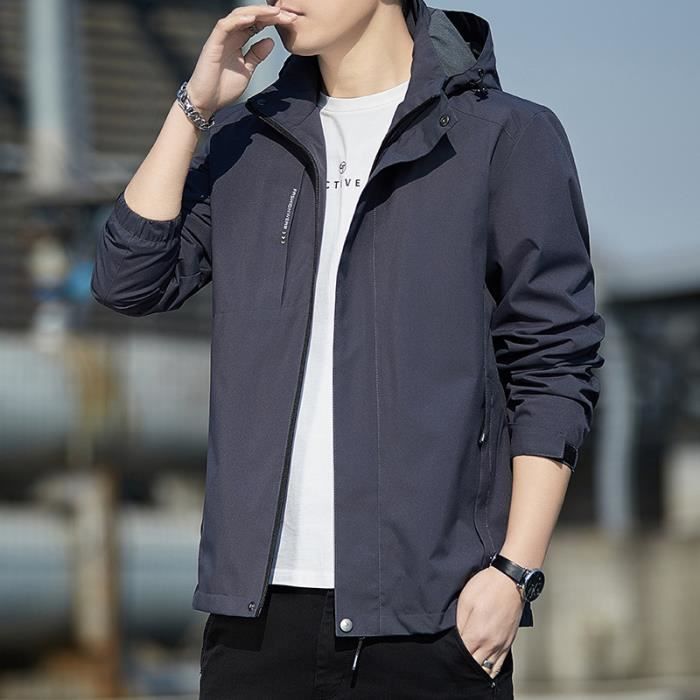 Veste Homme Blouson jacket mode loisir Printemps Automne Couleur unie mince Encapuchonne Col rabattu Fermeture eclair veste longue Noir Cdiscount Pret a Porter