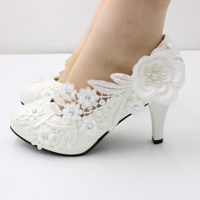 Escarpins à Fleurs Blanches pour Femme - Marque - Modèle - Talons Hauts Aiguille - Plateforme