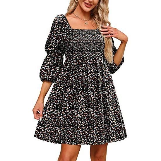 Robe Vintage Fleurie En Mousseline - Manches Ballons, Col Carré, Mi-longue (Taille Unique, Noir/rose)