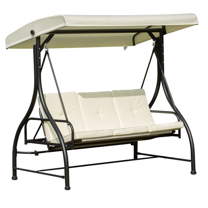 Outsunny Balancelle de Jardin 3 Places Convertible Inclinaison Toit réglable Matelas Rembourrage 8 cm fourni métal époxy Noir crème