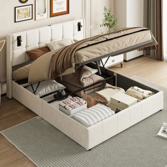 Lit coffre 140 x 190 - PERGAR - Velours beige - 2 places - Lampe de lecture USB - Rangement intégré