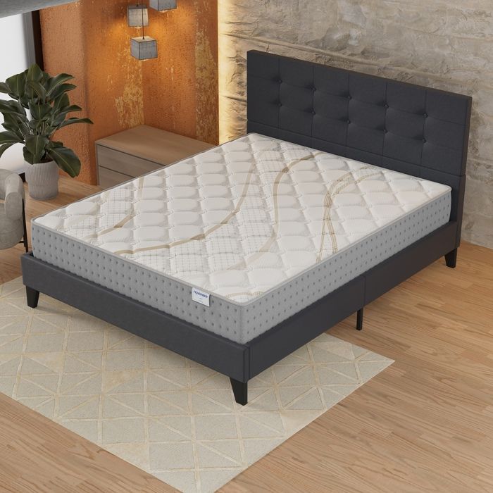 Ensemble MATELAS + LIT (140x200cm)- Essem 25cm Ressorts ensachés & Mousse HDensité + Sommier stable & tête de lit revêtement Noir