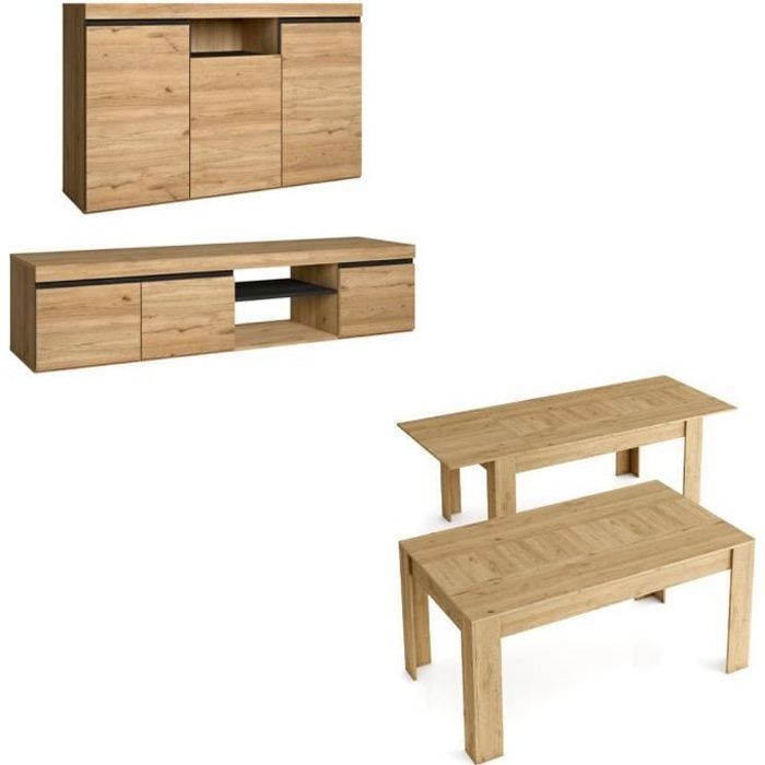 Ensemble Naturale salon salle à manger buffet-meule tv 160cm-table extensible chêne/noir Ensemble Naturale salon salle à manger buffet-meule tv 160cm-table extensible chêne/noir