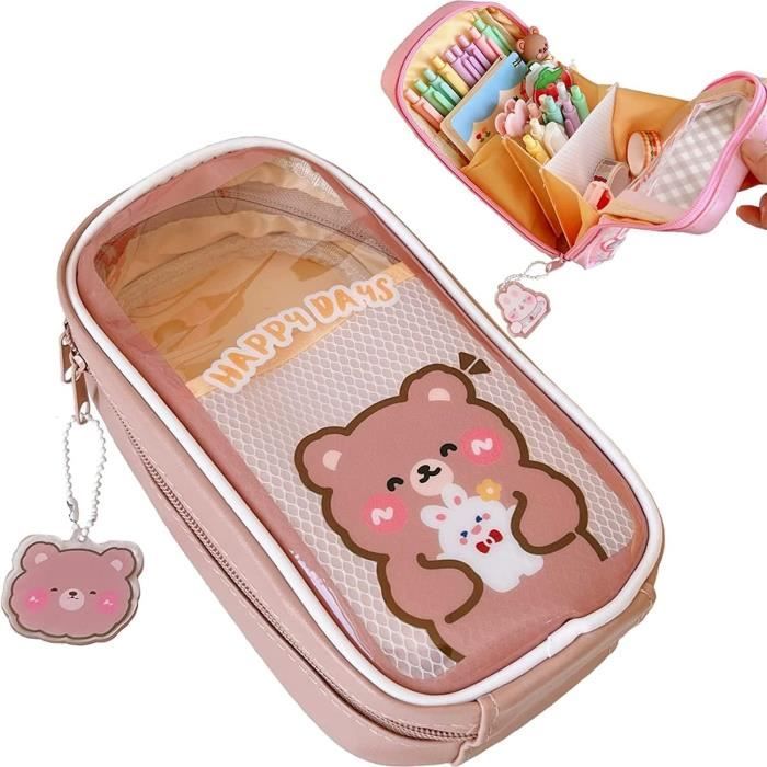 Trousse Kawaii 2 Compartiments Pour Filles - Grande Capacité (30-50 Stylos) - Poignée De Transport - Toile Rose - Idéale école Ou Maquillage