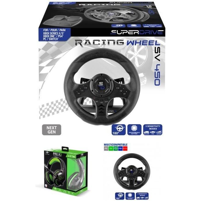 Volant et pédales de jeu Vidéo PRO Race Pro SV450 compatible Xbox Séries X PS3 PS4 SWITCH PC SUBSONIC + Casque SPIRIT OF GAMER PRO