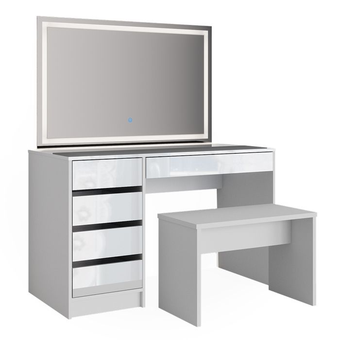Coiffeuse Blanche 5 Tiroirs avec Miroir + LED + Tabouret Maquillage - Ciel & terre Commerce