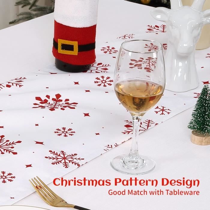 Chemin De Table Noël 33x183 Cm - Nappe Rouge Flocon Bonhomme De Neige En Lin Pour Décoration Fête