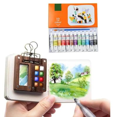 Kit Aquarelle De Voyage - Mini Coffret 12 Couleurs Avec Palette Bois, Pinceau Et Carnet