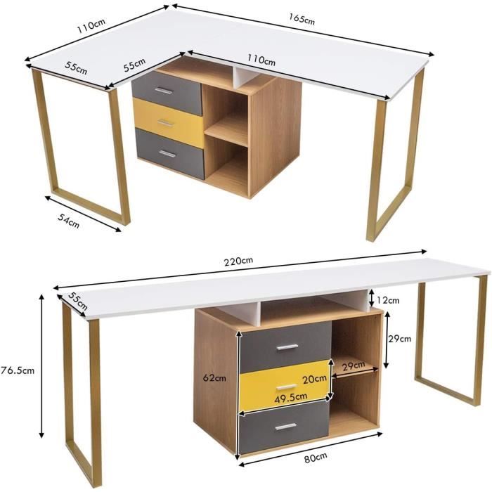Giantex Bureau en L avec 3 tiroirs et 2 étagères, table de travail