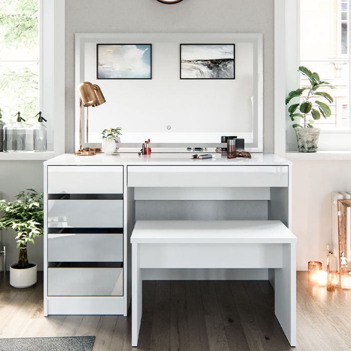 Coiffeuse Sherry Blanc Haute Brillance 90cm Avec Miroir Led Vicco à Prix