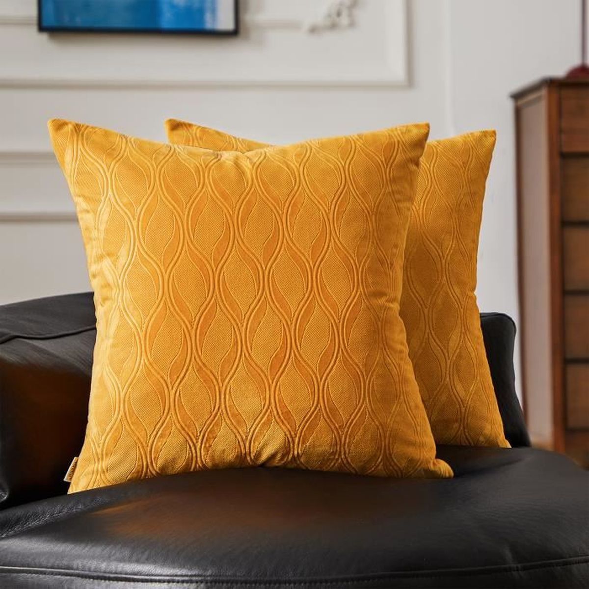 Housse de Coussin 60x60 cmMotif Rayures Jaune Moutard Lot de 2